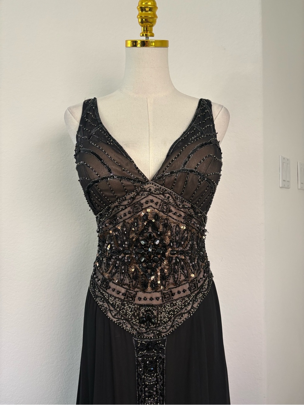Sue Wong Black Beaded V-Neck Prom Gown - Picture 2 of 12